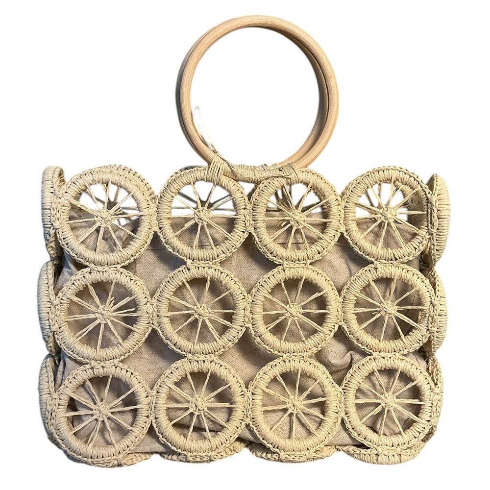 Woven Straw Circle Handle Handbag Neutral Boho Mini Bag